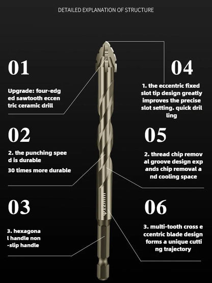 High-Four-Edged Serrated Eccentric Drill for Dry Drilling of Ceramic Tiles, Glass, Marble, Concrete, Stainless Steel Drill Bi