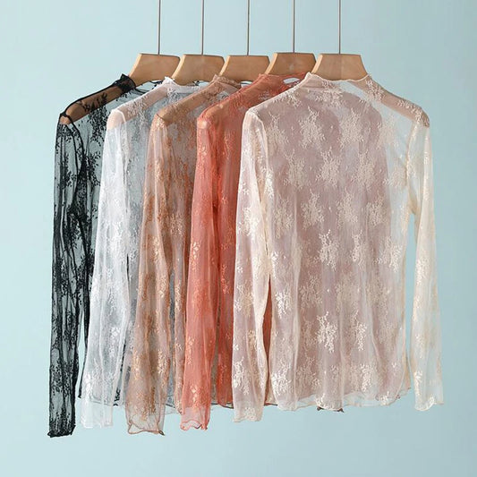 Sexy Women Mesh T-Shirts Transparent Lace Blouse Long Sleeve See Through Tops For Women Bottoming Shirt Sheer Tees Body Crop 