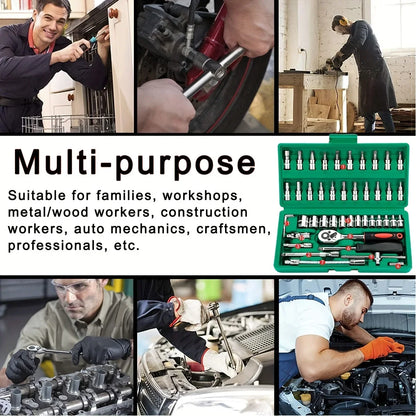 46pc Drive Socket Set 1/4 inch Ratchet Wrench Set Mechanic Tool Kits for Auto Repair Hous with Sockets Metric Hex Bit Socket 