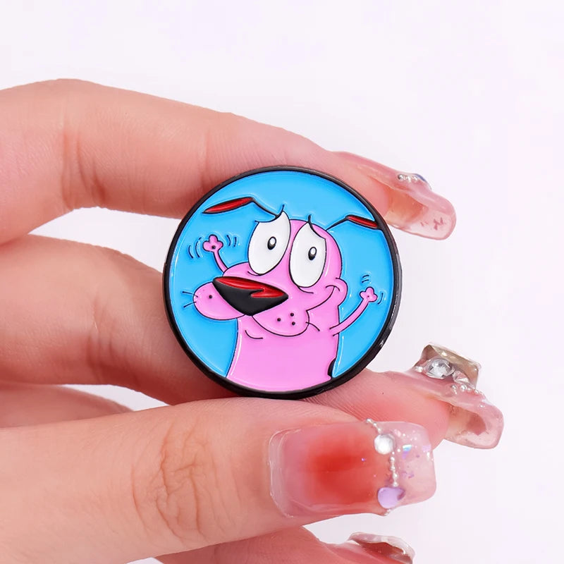 Cartoon Courage Cowardly Dog Brooch Enamel Pins Cute Pink Animal Dog Brooches Clothes Lapel Badges Jewelry Gift for Kids Frie