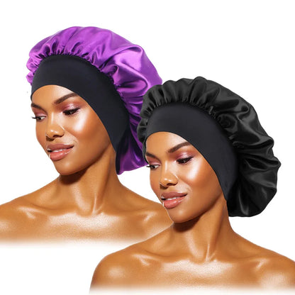Women's Satin Solid Bonnets Wide-brimmed Night Sleeping Bathing Hat Unisex Head Wrap Elastic Band Cap Hair Care Bonnet - blac