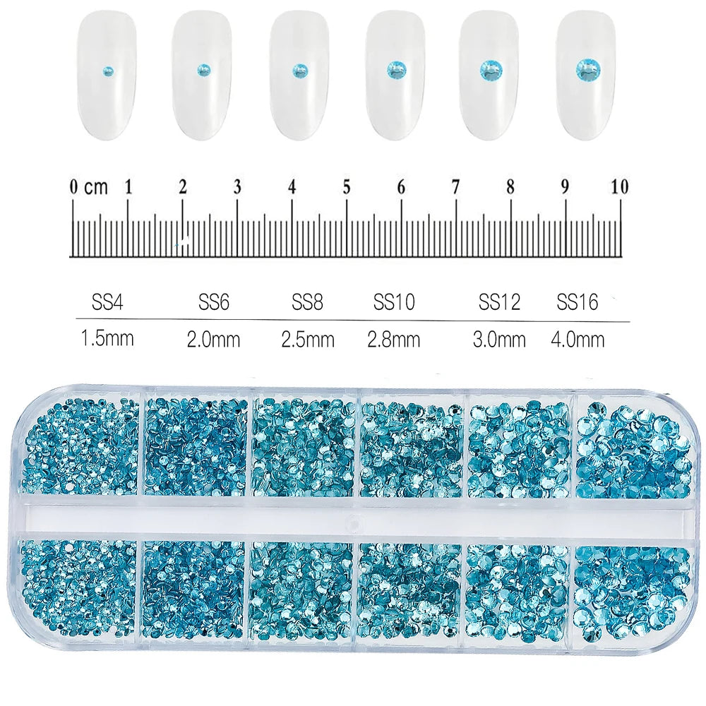 2400pcs+ Shiny Clear Crystal Gems Nail Rhinestones 1.5-4mm Mixed Round Glass Stone Flatback Nail Charms 12grids Nail Diamond 