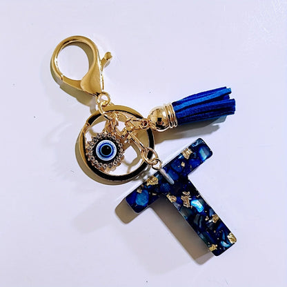 Blue Resin Initial Keychain - Evil Eye Letter Charm with Rhinestones & Tassel, Stylish Gift for Women, Lobster Clasp Accessor