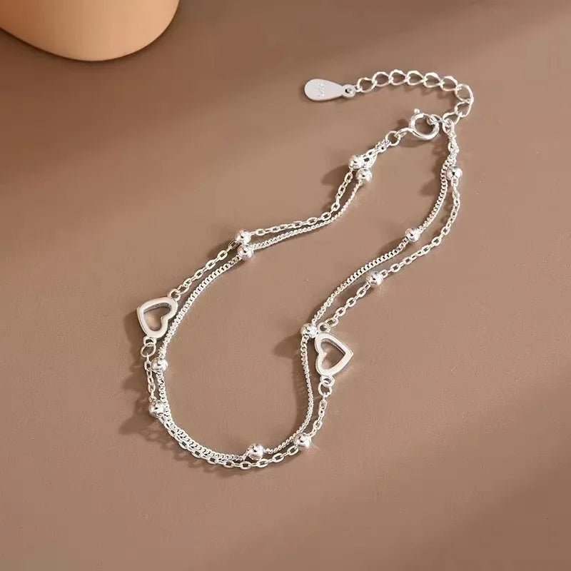 925 Sterling Silver Hollow Heart Bracelets For Women Girls Vintage Korean Design Double Layer Beads Bracelet Party Jewelry Gi