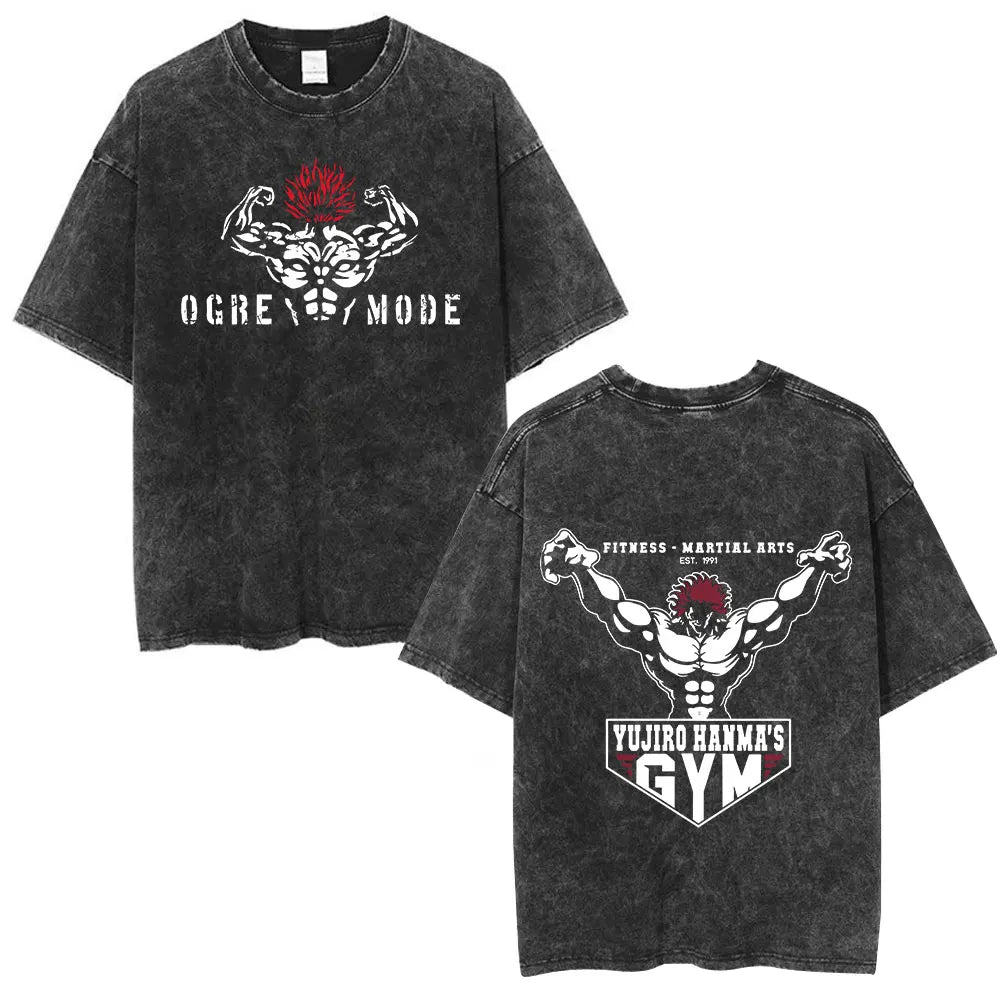 Vintage Washed T Shirt Anime Baki The Grappler T-shirt Hanma Yujiro Gym Short Sleeve T-shirts Oversized Cotton Casual Tee Shi
