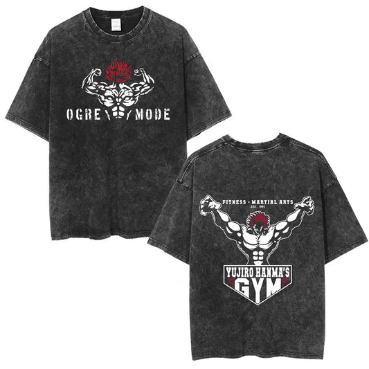 Vintage Washed T Shirt Anime Baki The Grappler T-shirt Hanma Yujiro Gym Short Sleeve T-shirts Oversized Cotton Casual Tee Shi