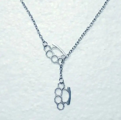 Fashion Vintage Double Brass Knuckle Dusters Pendant Adjustable Cross Lariat Necklace For Women Men Goth Jewelry