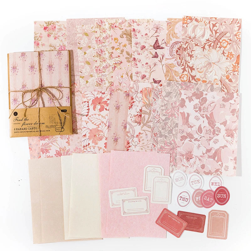 40Pcs Floral Handmade Paper Mix Material Junk Journal Planner Scrapbooking Vintage Decorative Collage DIY Craft Background Pa
