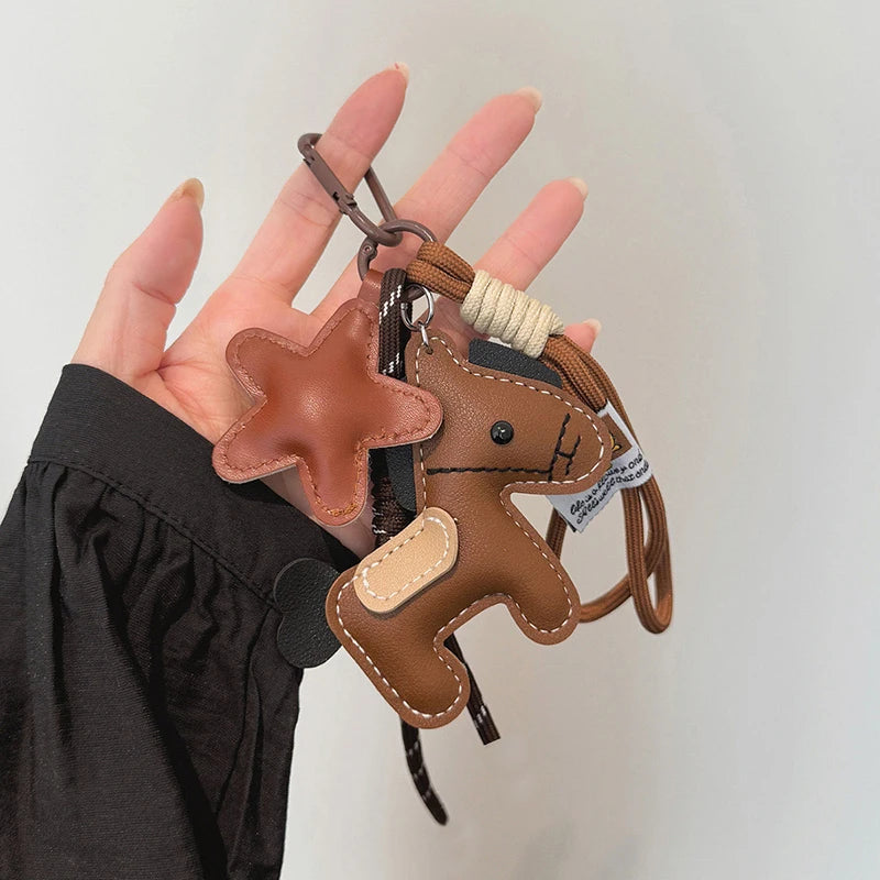 Vintage Style Horse Bag Pendant PU Leather Lightweight Design Horse Hanging Rope Rope Attachment Cartoon Design - tan