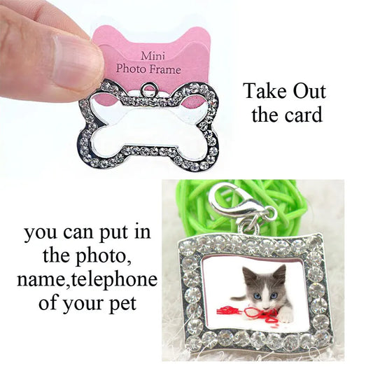 Dog ID Tag Pet Cat Collar Pendant Crystal Photo Frame Bone Heart Dog Tag Handwriting Name Phone Number Address Anti-lost Fash