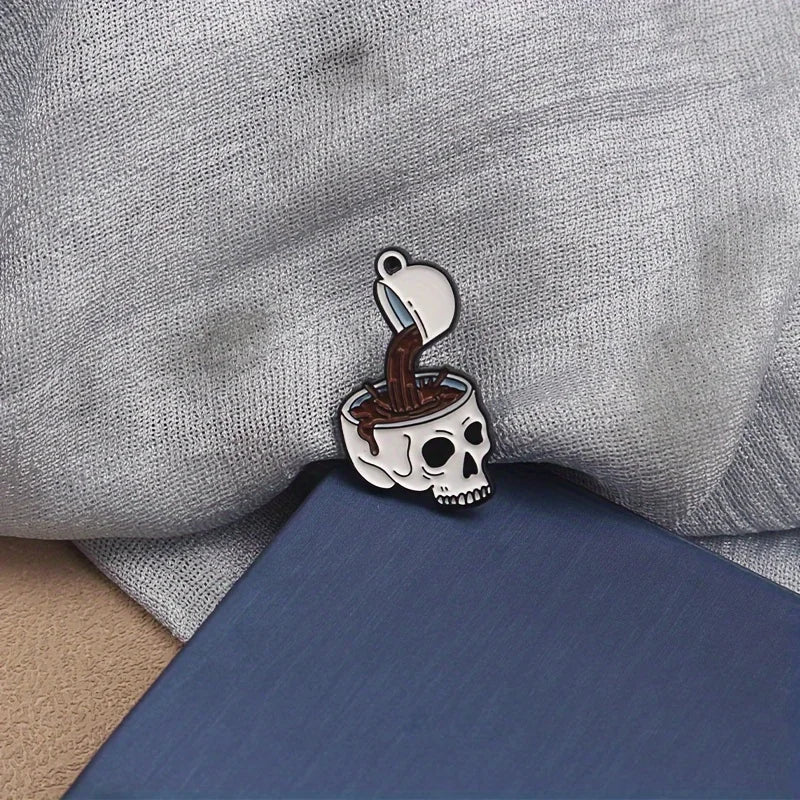 Vintage-Style Skull Coffee Cup Enamel Pin - Fashionable Alloy Brooch for Men