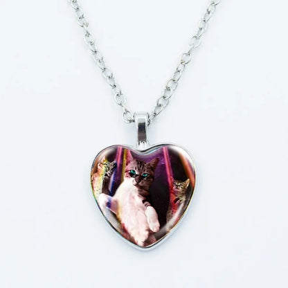 Cute Funny Rainbow Alien Cat Heart Pendant Necklace Animal Shape Art Photo Glass Cabochon Jewelry Children's And Women's - 18