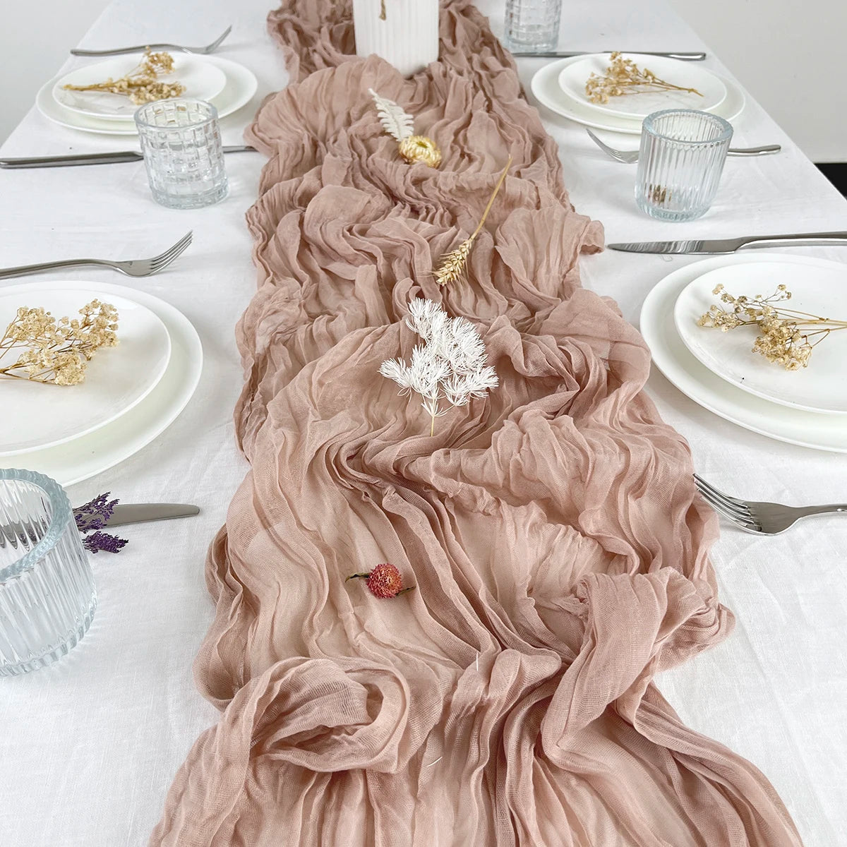 40x275cm Wedding Pink Gauze Table Runner Semi-Sheer Cheesecloth Table Setting Dining Party Christmas Banquets Arches Cake Dec