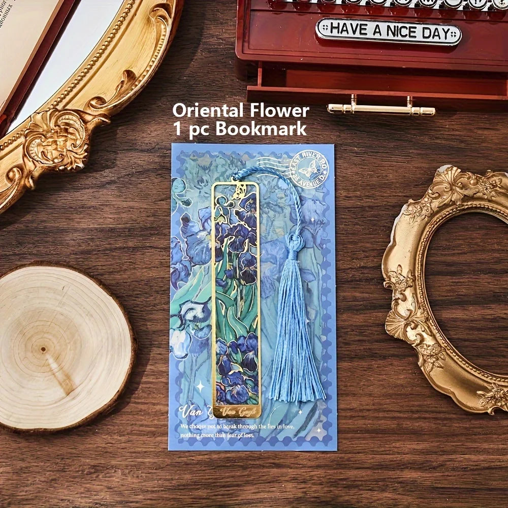 Vintage Oil Painting Metal Bookmarks - Hollow Hot Stamping Long Tassel Bookmarks - Stationery Gifts for Book Clubs, Book Love