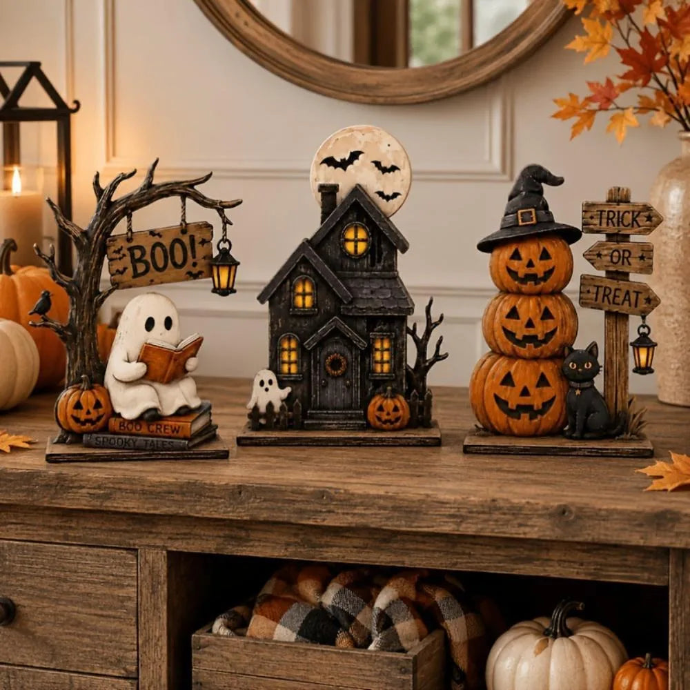 Vintage Halloween Wooden Ornament Ghosts House Figurines Stacked Pumpkin Spooky Tabletop Festive Seasonal Desktop Party Decor
