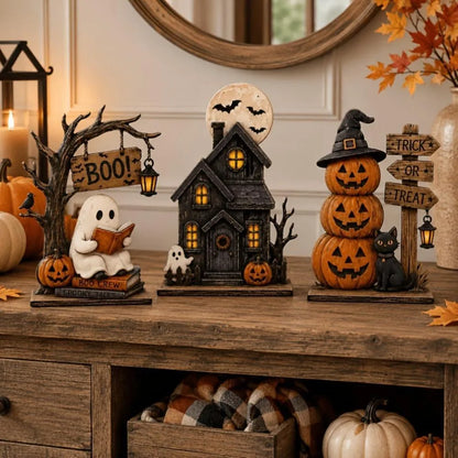 Vintage Halloween Wooden Ornament Ghosts House Figurines Stacked Pumpkin Spooky Tabletop Festive Seasonal Desktop Party Decor