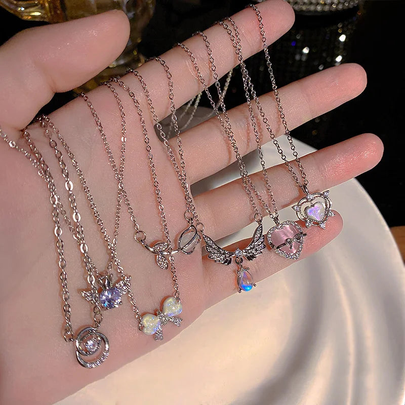 Y2K Crystal Bow Angel Wings Heart Pendant Necklace For Women Sweet Cool Girl Clavicle Chain Trendy Aesthetic Jewelry Accessor