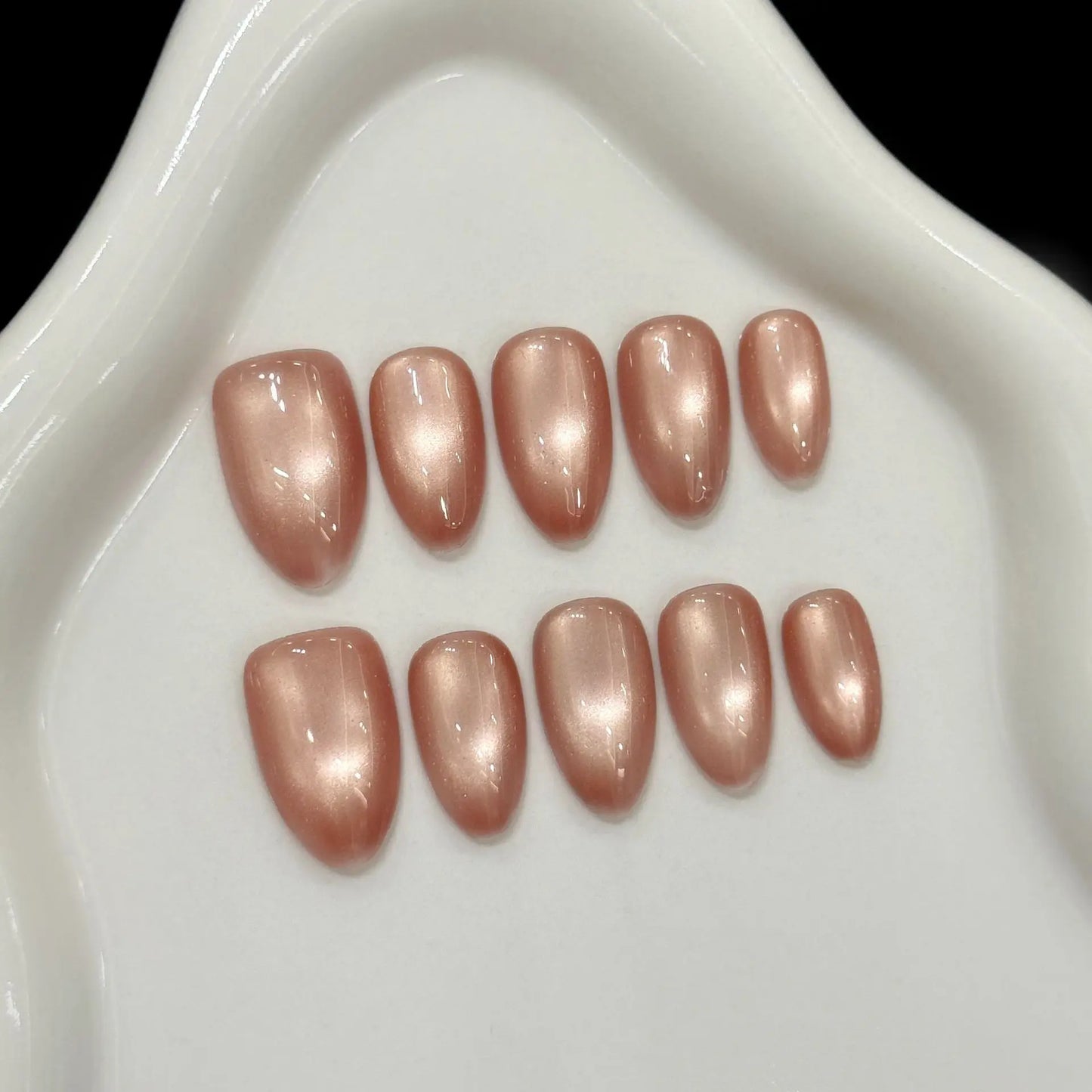 10pcs Handmade Press On Nails Solid Color Glossy Glass Beads Cat's Eye False Nails Full Cover Short Almond Fake Nail For Wome