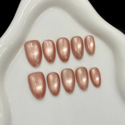 10pcs Handmade Press On Nails Solid Color Glossy Glass Beads Cat's Eye False Nails Full Cover Short Almond Fake Nail For Wome