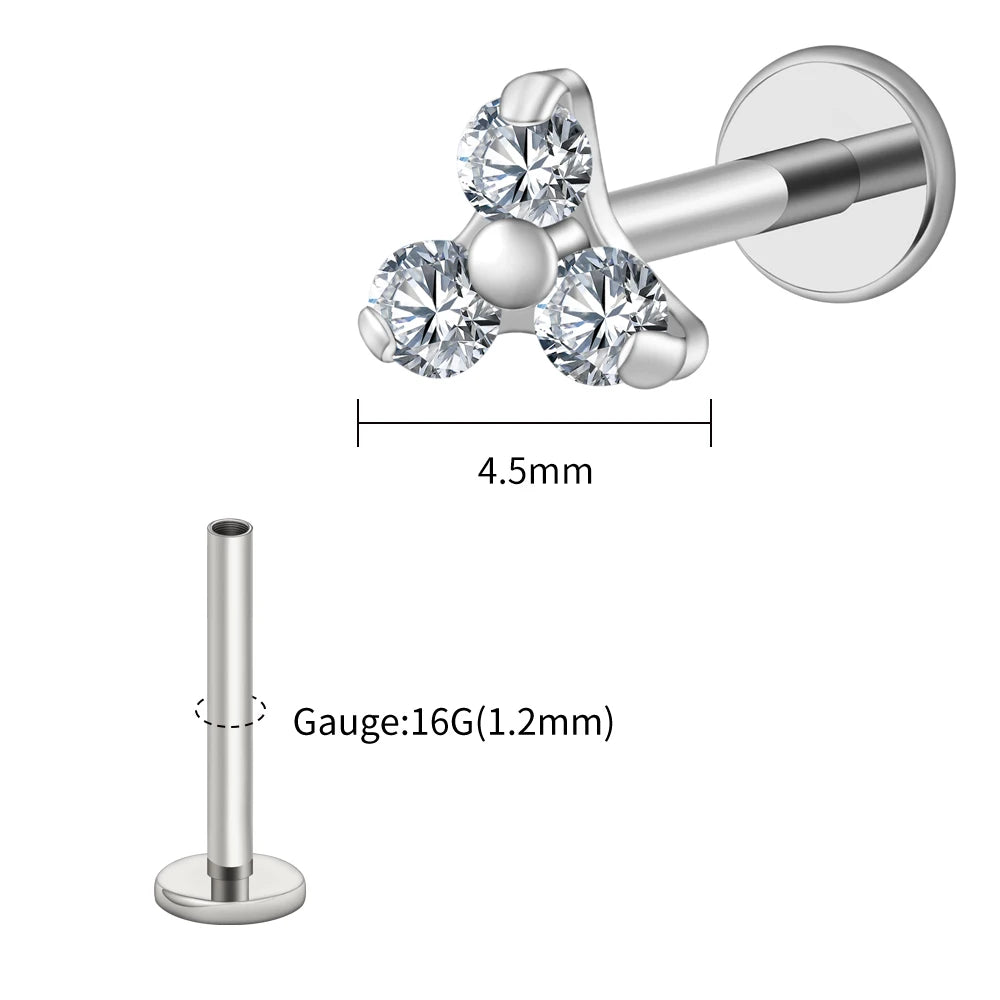 Right Grand ASTM F136 Titanium Tiny Trinity CZ Labret Stud 16G Triple CZ Flower Cartilage Earring Nose Medusa Earlobe Piercin