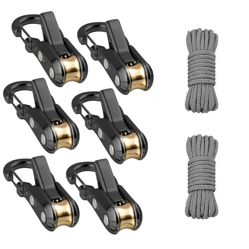 Rope fasteners and tensioners - High-strength retractable paracord with alloy carabiners and windproof binding straps - 6pcs 