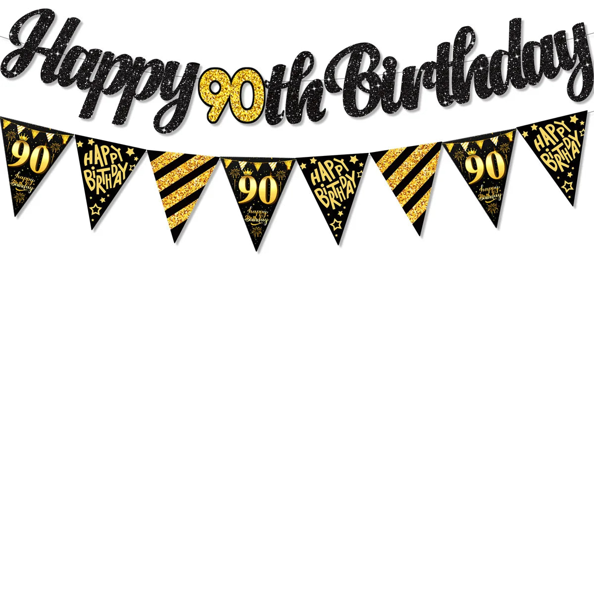 Black Gold Happy 21 30 40 50 60 70th 80th 90th Birthday Banner Garland Hanging for DIY Adult Party Decoration - 90