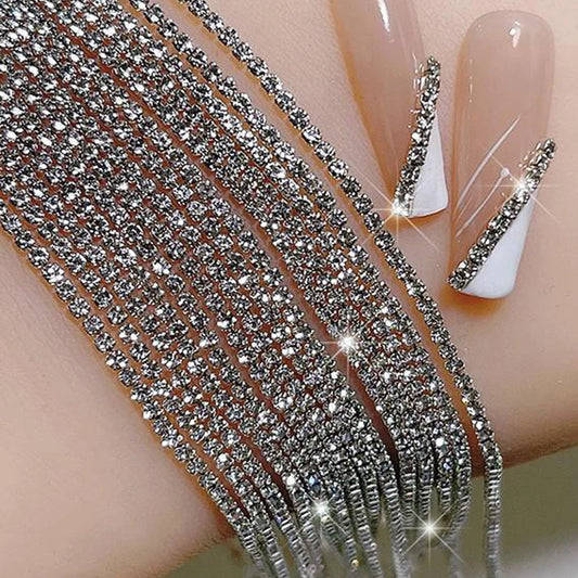 100/50cm Long Luxury Crystal Chain Nail Charms 1.5/2mm Shinying Clear/AB Diamond Nail Art Metal Steel French Manicure Crystal