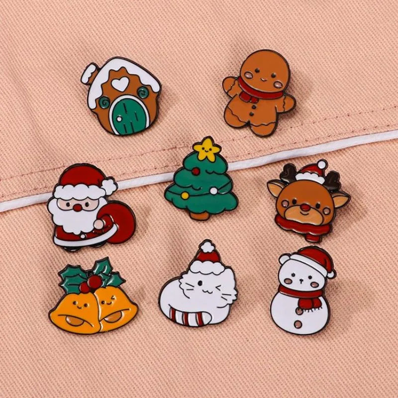 8pcs Cute Cartoon Christmas Day Enamel Brooch Creative Santa Claus Snowman Tree Lapel Pin Badge Backpack Clothing Accessories