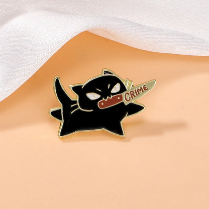 1pc Cute Cartoon Black Cat Enamel Brooch Creative Animal With A Knife In Mouth Lapel Pin Badge Backpack Clothing Hat Accessor