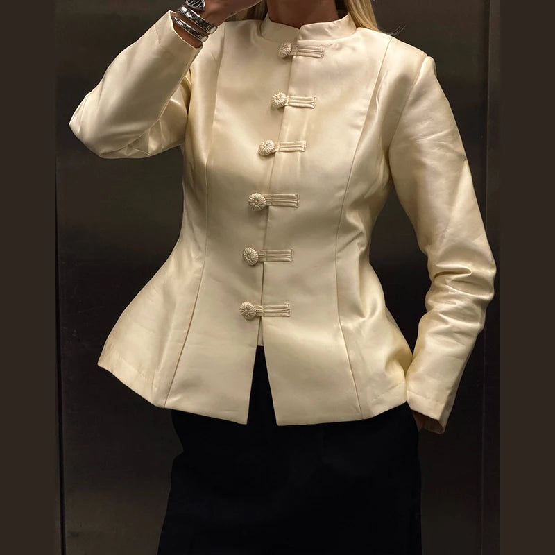 Frog Closure Velvet Tassel Jacket Slim Long Sleeve Mandarin Collar 2026 Spring Fashion Elegant Women Outerwear Chic Lady Coat
