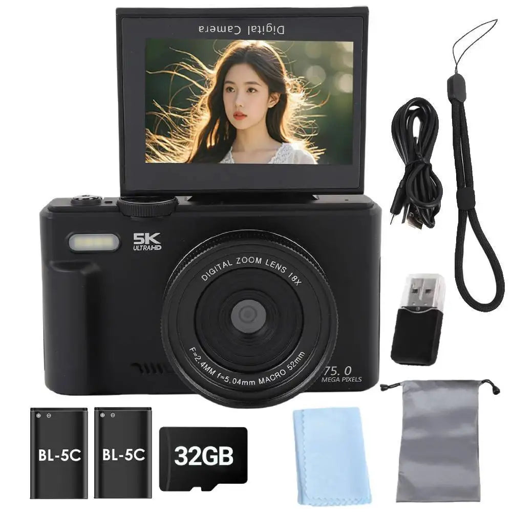75MP Digital Camera for Photography 5K 18X Digital Zoom Vintage Vlog Video Recorder For YouTube 180° Flip Screen Selfile WiFi
