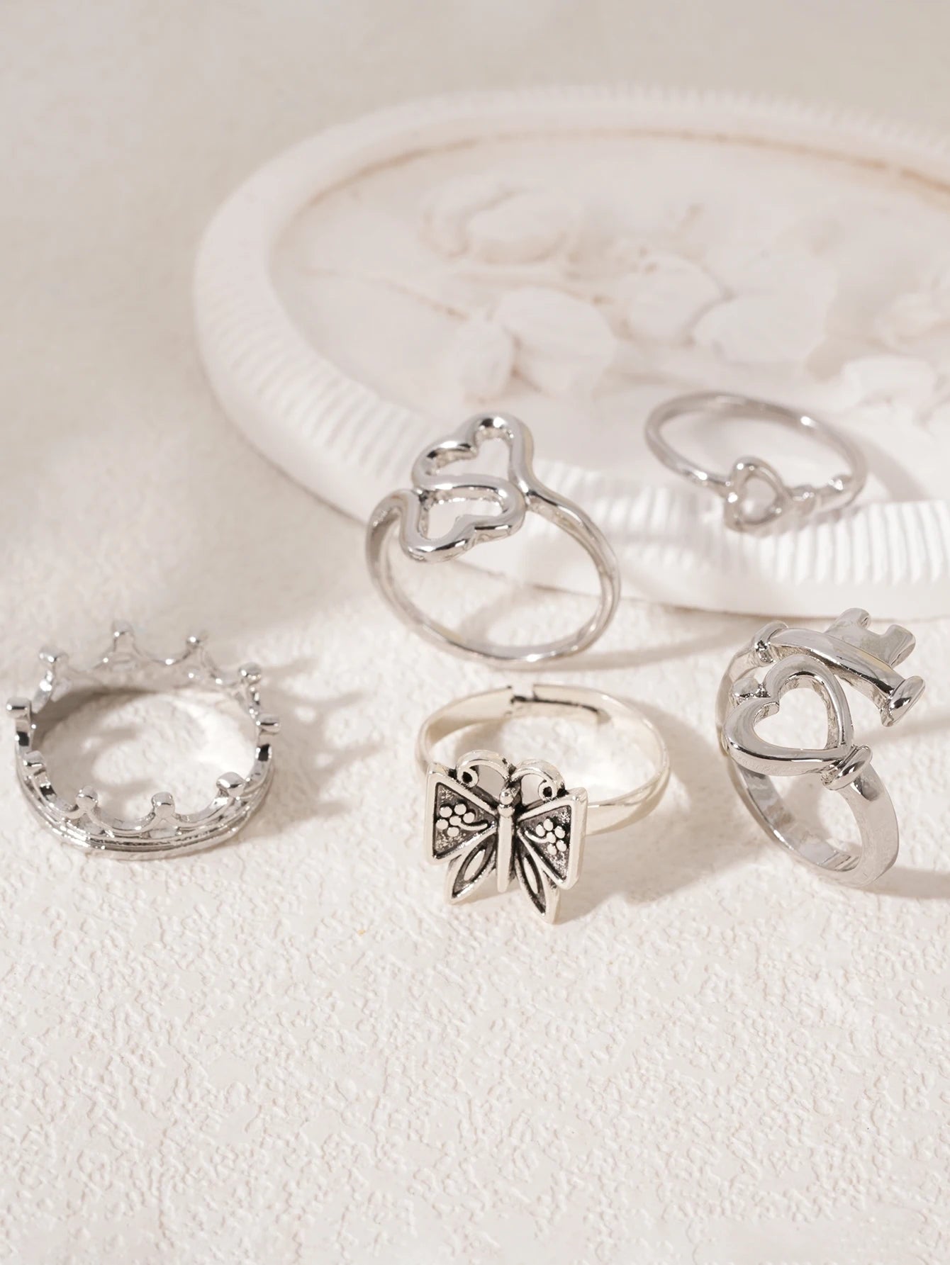 Heart Butterfly Ring Set Crown Heart-Shaped Designs Stackable Vintage Jewelry for Women, Boho Punk Fashion Accessory