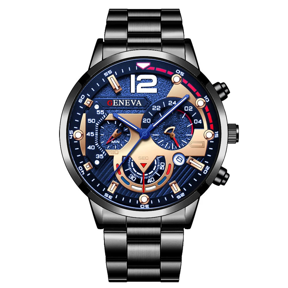 Fashion Men's Watches Stainless Steel Band Analog Quartz Wristwatch with Calendar - Black Blue