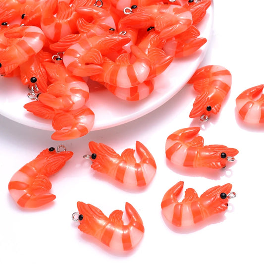 10Pcs Cute 3D Design Simulation Lobster Shrimp Resin Pendants Acrylic Cartoon Food Animal Charms for Jewelry Making Necklace