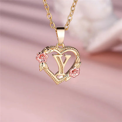 Female A-Z Letter Flower Pendant Necklace Yellow Gold Color Wedding Jewelry Gift For Women - Y