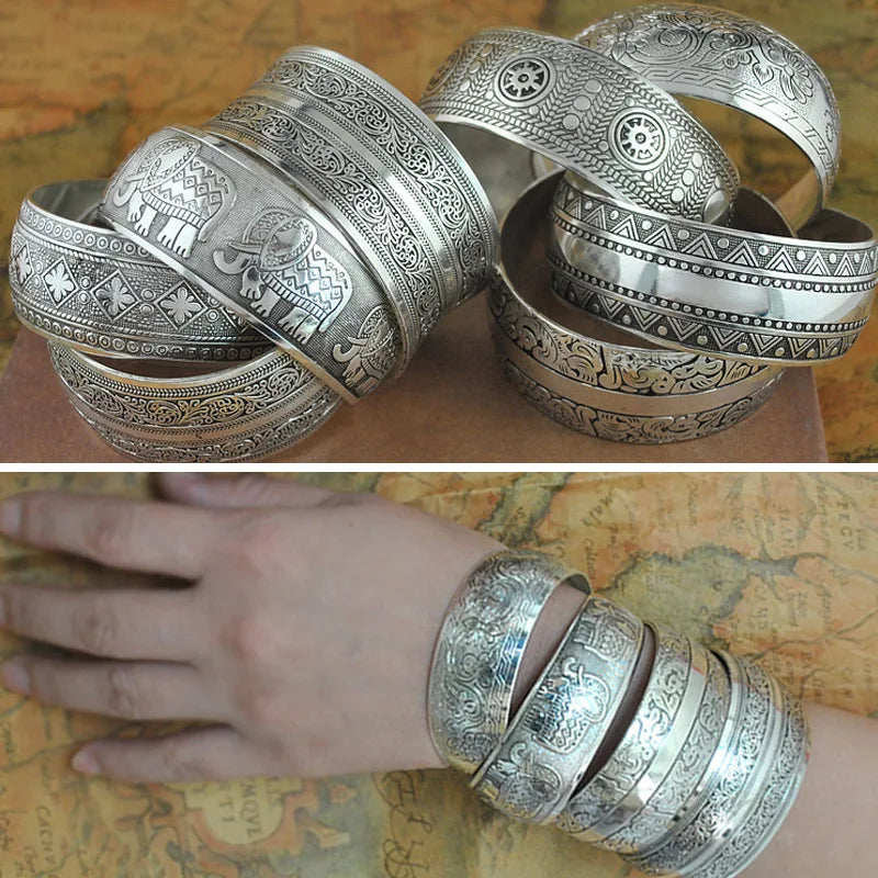 Meetvii New Retro Cuff Bracelets Tibetan Silver Metal Carving Sea Turtle Lotus Elephant Flower Bangles Vintage Gypsy Jewelry