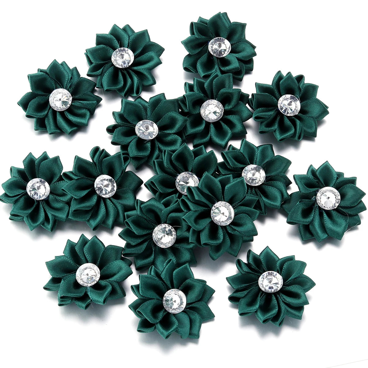 20pcs/lot 40mm Mini Inlaid Rhinestones Small Handmade DIY Satin Ribbon Flowers Head Decorate Clothing Supplies Accessories - 