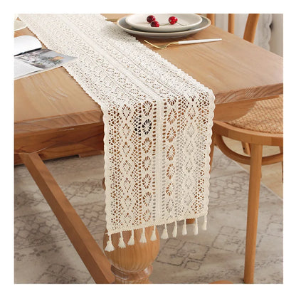 Table Runner Beige Christmas Crochet Lace Cotton Blended Fabric with Tassel For Coffee Table Decor Wedding Decoration - Table