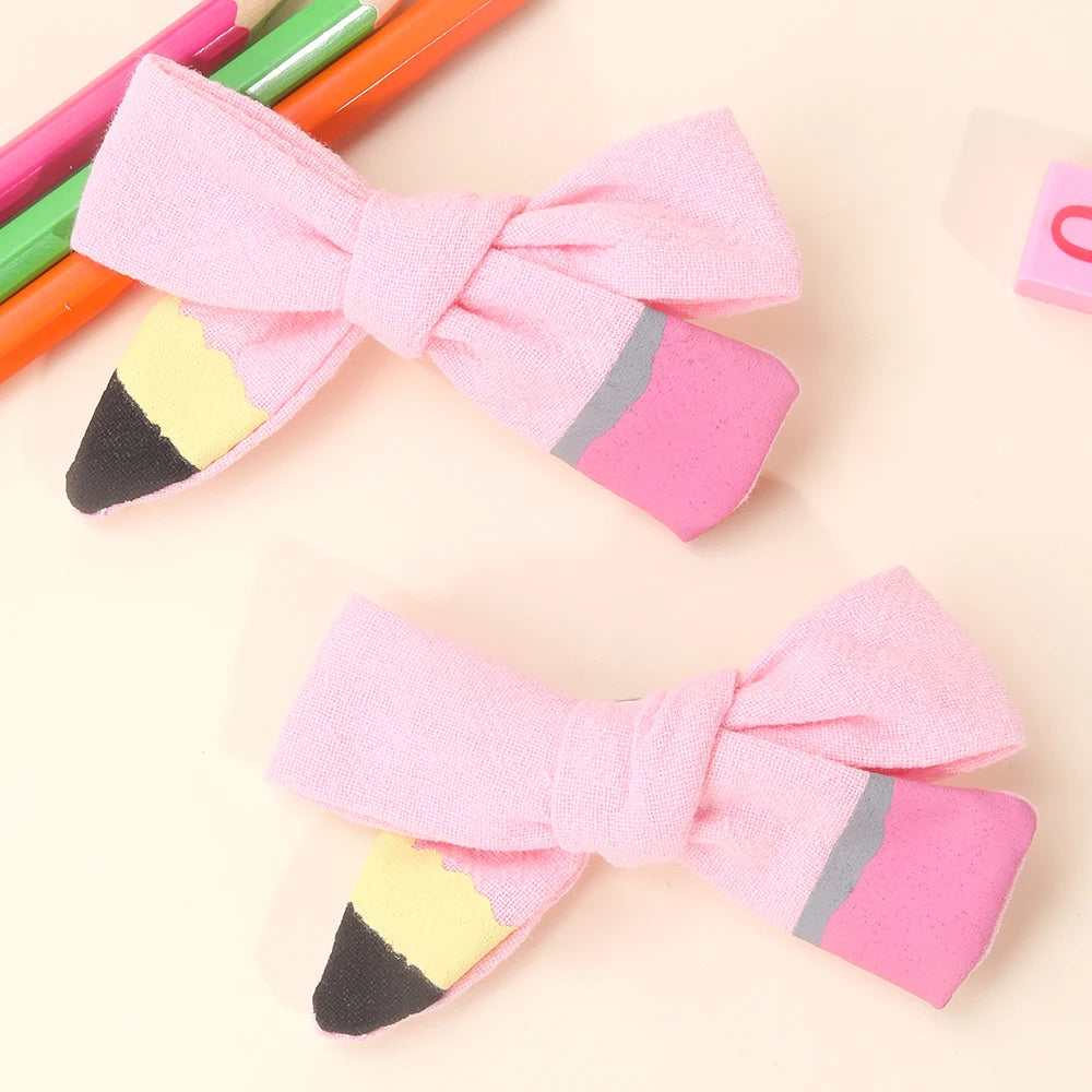 2Pcs Pencil Bow Hair Clips Cute Hairpins Kawaii Back To School Barrette For Girls Children Kids Headdress Headwear Accessorie