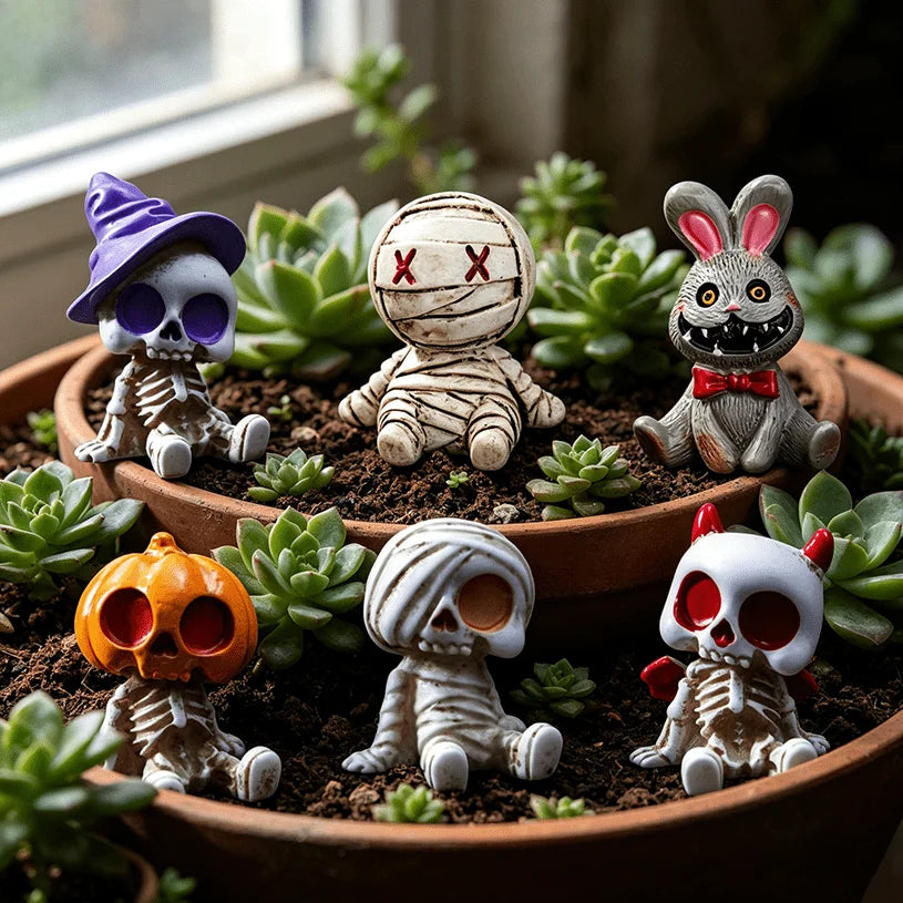 6pcs Halloween Resin Skeleton Mummy Figurines Mini Statues for DIY Micro Landscape Bonsai Car Desk Decor