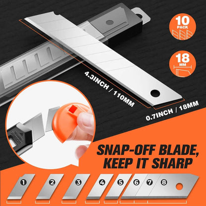 3 Pack Utility Knife Box Cutter Retractable, Compact Box Knife for Cartons, Cardboard and Boxes, with 10 Piece 18mm Wider