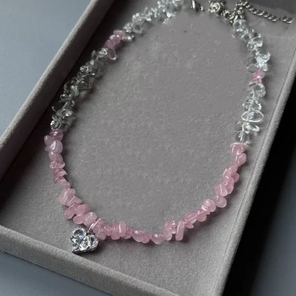 New Irregular Choker Vintage Zircon Heart Pendant Necklace For Women Female Pink & white Stone Chain Valentine's Gift N0548