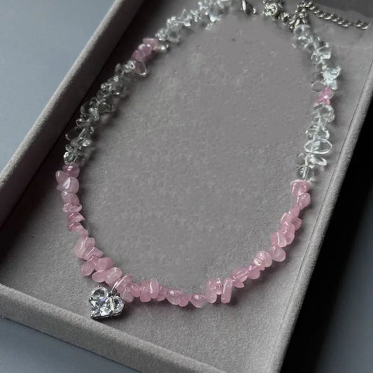 New Irregular Choker Vintage Zircon Heart Pendant Necklace For Women Female Pink & white Stone Chain Valentine's Gift N0548