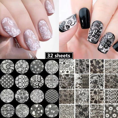 Black White Lace Rose Nails Foil Stickers Black Flowers Design Manicure Nail Art Transfer Paper Nails Art Decals