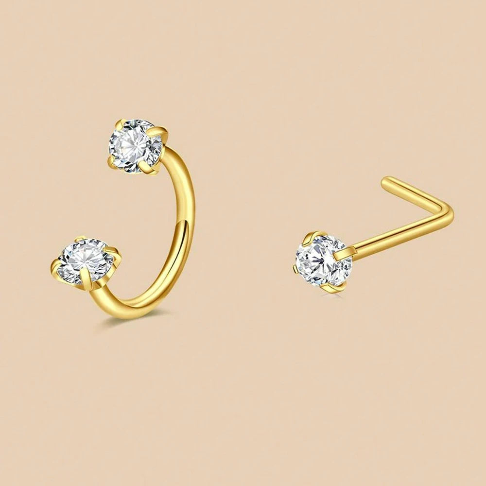 6/2pcs Horseshoe Nose Rings With L-Shape Nose Stud, Stainless Steel Rianbow CZ Nose Ring,, Lip Eyebrow Helix Ear Piercing - 2