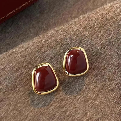 Vintage Enamel Wine Red Metal Stud Earrings for Women Fashion Geometric Square Earrings Elegant Wedding Jewelry Accessories