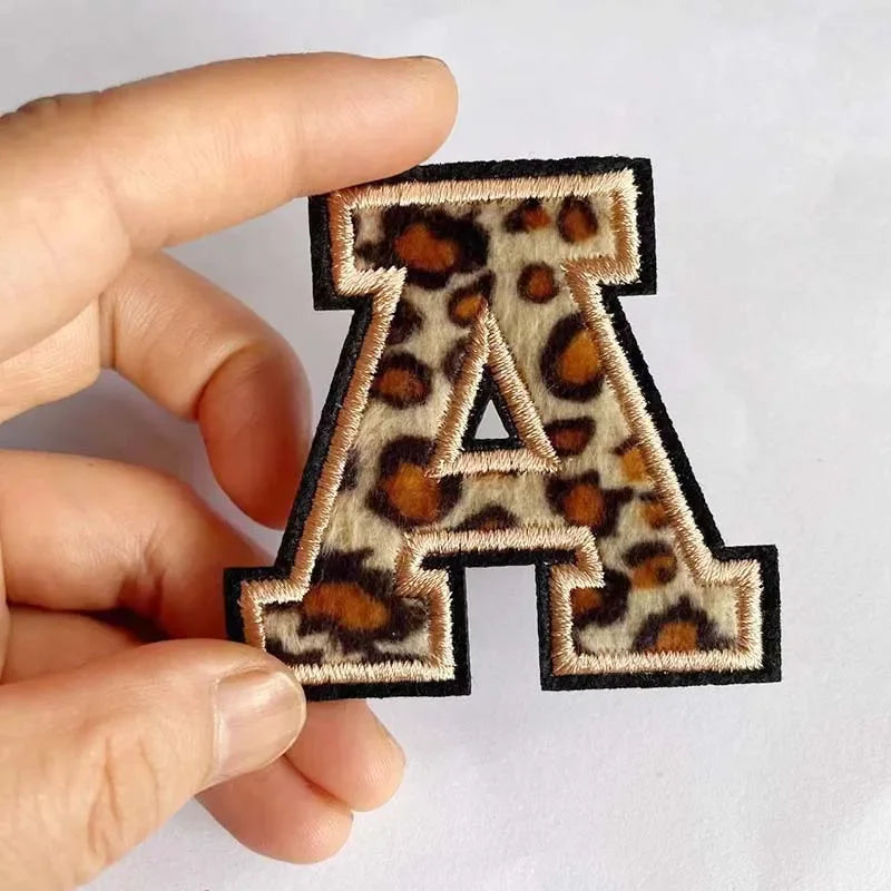 A~Z English Alphabet Letters Badge Patches,Leopard Print Applique Embroidery Iron on Stickers for Clothing,DIY Name Garment