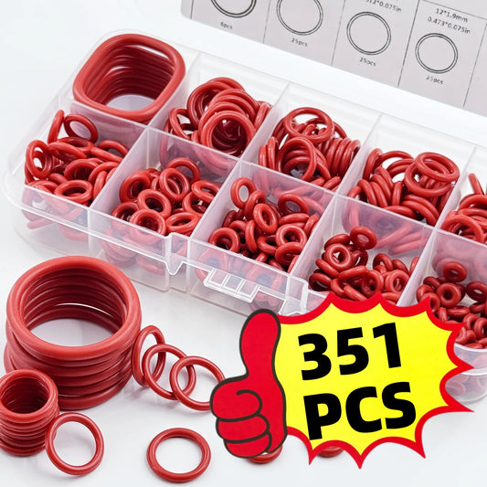 351pcs Silicone O-Ring Set, 10 Sizes, Oil and Heat Resistant, Suitable for Cars and Pipelines