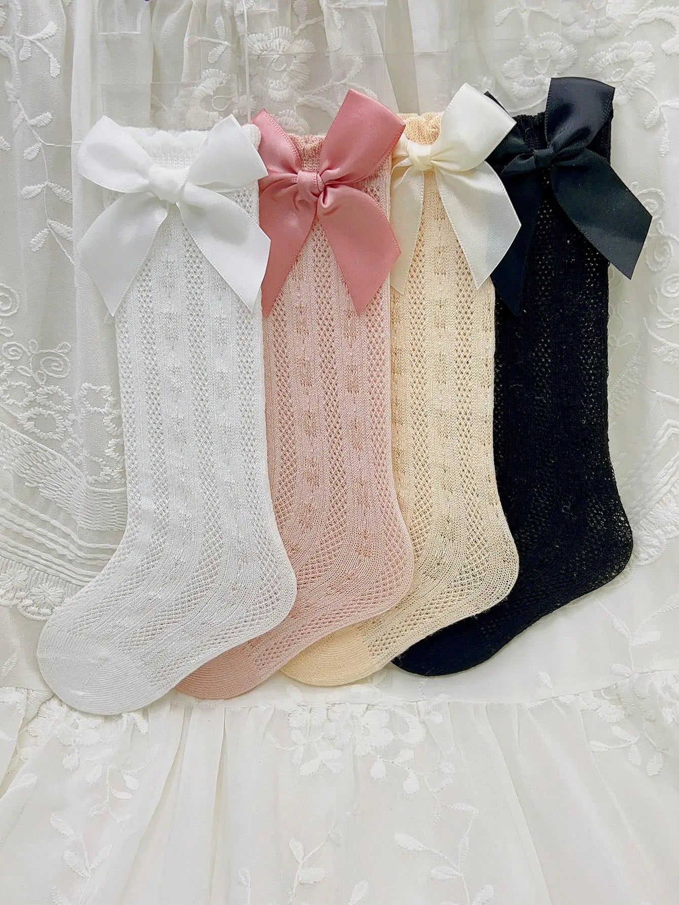 3/4 Pairs of Baby Girls' Bows Decor Anti-Mosquito Socks,Soft Breathable Cotton Crib Socks for Infant Toddler Summer Outdoor P
