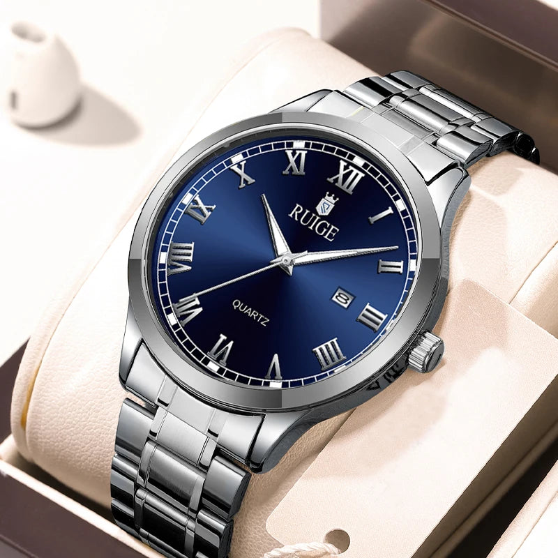 RUIGE Fashion Men's Watch Roman Scale Minimalist Men's Famous Watch Night Glow Waterproof Trendy Watch - Blue